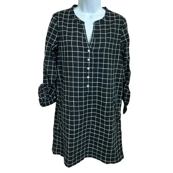 Soft Joie Iselyn Black Plaid Shirt Dress Sz XS Long Roll Tab Sleeves Above Knee - Picture 4 of 11